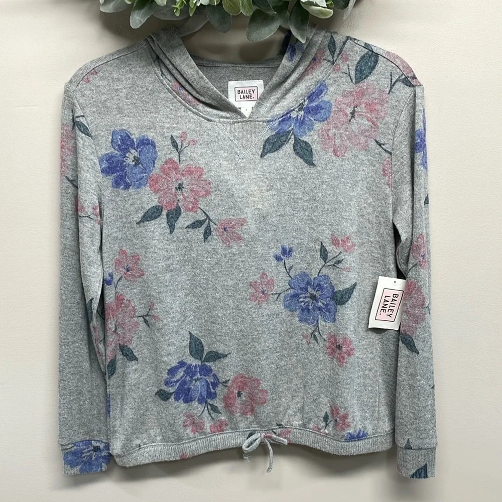NWT Bailey Lane Crop Tie Front Brushed Pullover Light Grey Floral Hoodie L
